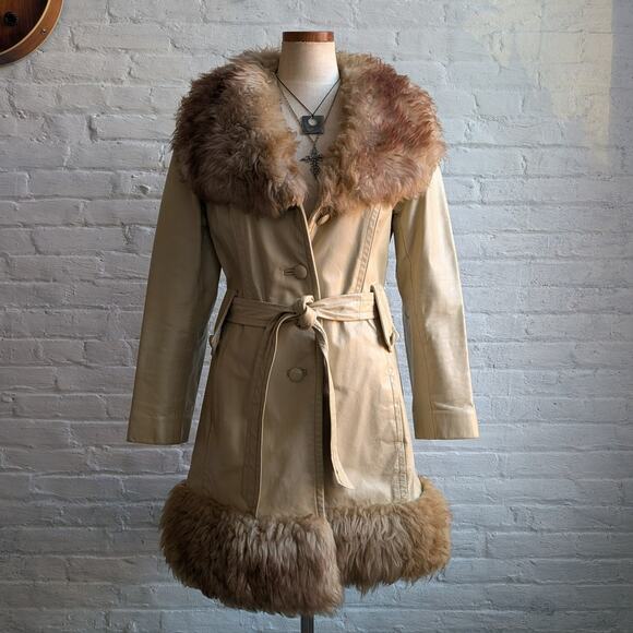 70s Vintage White Leather Penny Lane Coat Cream Fur Groovy Boho Afghan Jacket - Picture 1 of 7